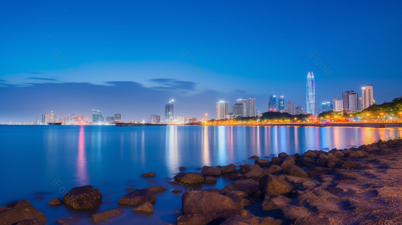 夜晚灯火通明的城市夜景海边背景图,高清,摄影图,摄影图片,图片大全,摄影图免费下载